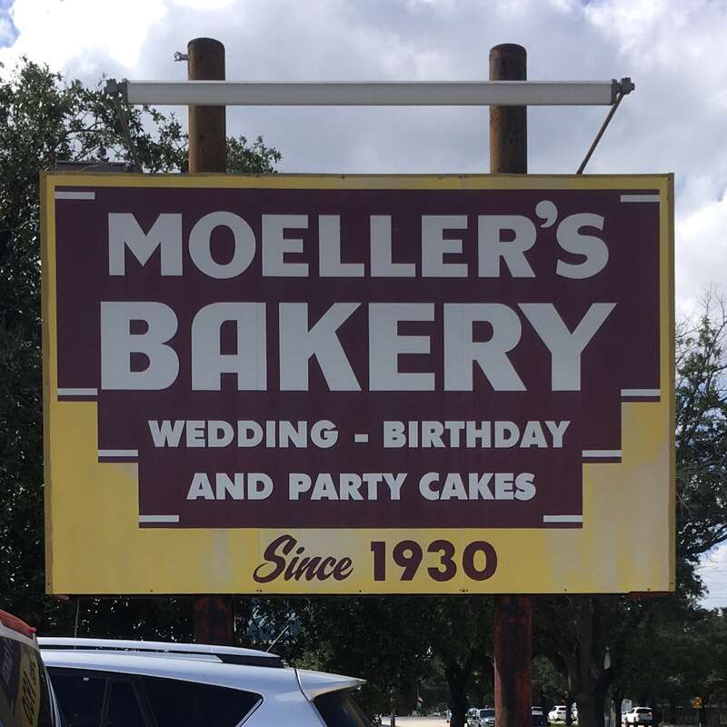 The Moeller's Bakery sign in Southside Place, Texas (Houston postal address).