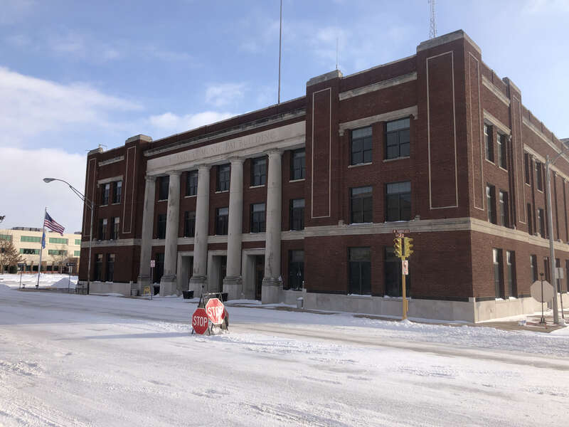 Photo of the Municipal Building in Muskogee OK during a respite in the w:en:February 13–17, 2021 North American winter storm. Photo taken from the North.