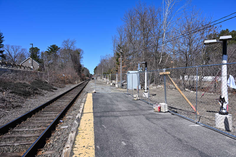 The northern end of the short platform at North Wilmington station, with construction work ongoing to relocate the platform north
