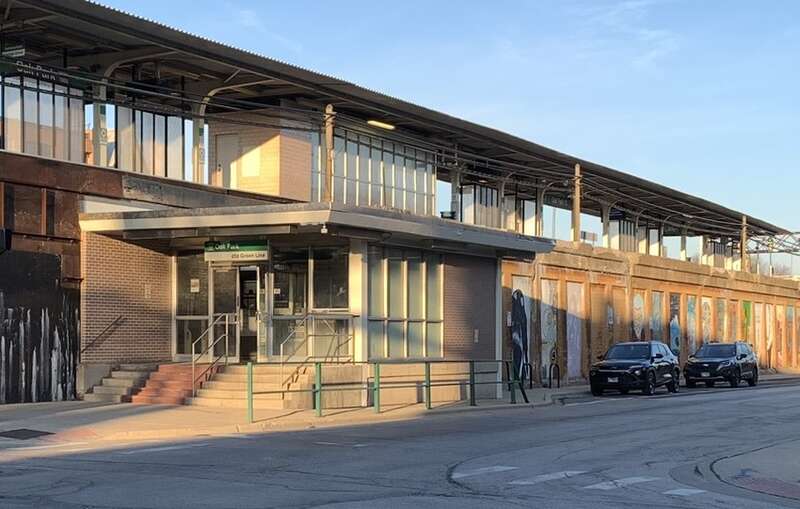 The Oak Park station house on the CTA Green Line in Oak Park, Illinois, U.S., in 2024