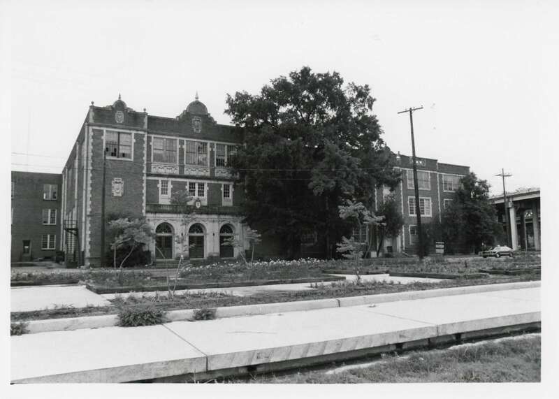 West view of the front of the Ouachita Parish High School, Monroe, Louisiana, Ouachita Parish in July 1979. Photographed by Jonathan Fricker for the Louisiana State Historic Preservation Office and the National Register of Historic Places.