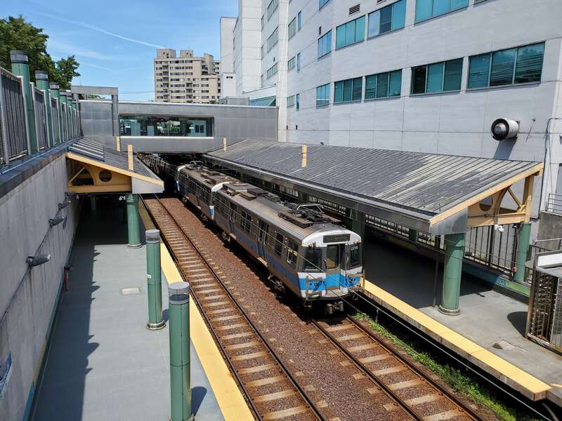 An outbound train at Revere Beach station in July 2021