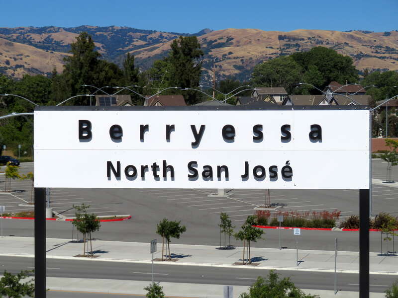Signage on the outside of the platform area at Berryessa/North San José station on the first day of service in June 2020
