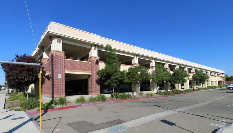Parking garage at Livermore station in July 2018