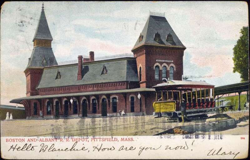 1906-postmarked postcard of Pittsfield station with a Pittsfield Electric trolley in front