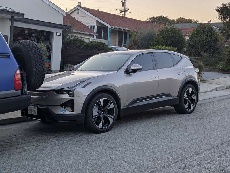 Front quarter view of a Polestar 3 in the Aragon-Baywood neighborhood of San Mateo, California