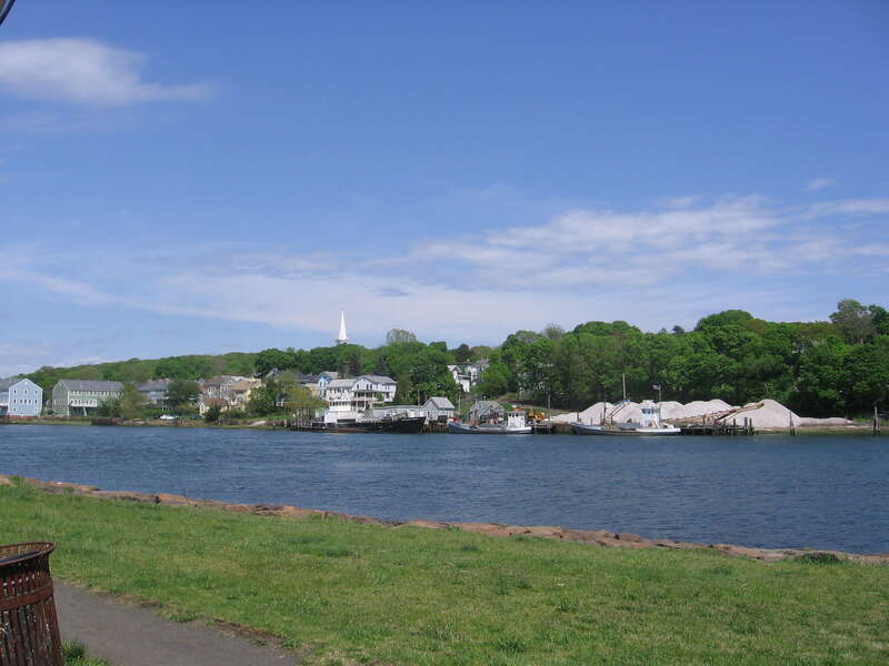 View from Quinnipiac River Park in Fair Haven looking northeast toward the Fair Haven Heights neighborhood with the spire of Saint James Episcopal Church on East Grand Avenue visible.