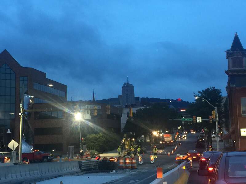 Reading downtown at night