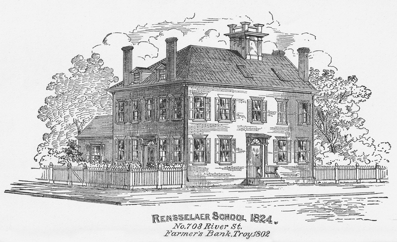 Restored version of the original Rensselaer School, started by Stephen Van Rensselaer III, which eventually evolved into Rensselaer Polytechnic Institute, in Troy, New York, United States. Based on the engraving, the building was located at 703 River