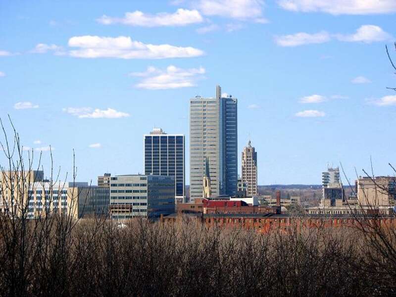 View of the downtown Fort Wayne skyline, looking north, from Reservoir Park.