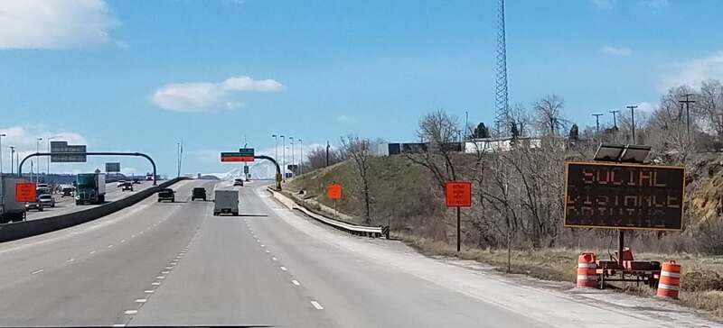 SOCIAL DISTANCE DRIVING sign at The I-25 Gap project, Castle Rock, CO