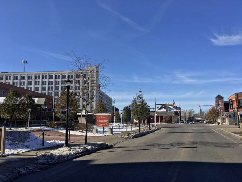 Looking westward down Seneca Street from near its corner with Swan Street at Larkin Square, Buffalo, New York, November 2019.