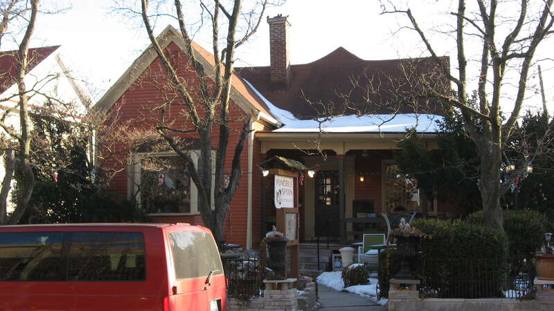 Front of the Runcible Spoon, located at 412 E. Sixth Street in Bloomington, Indiana, United States.  Built in 1898, it is part of the locally-designated Old Library Historic District.