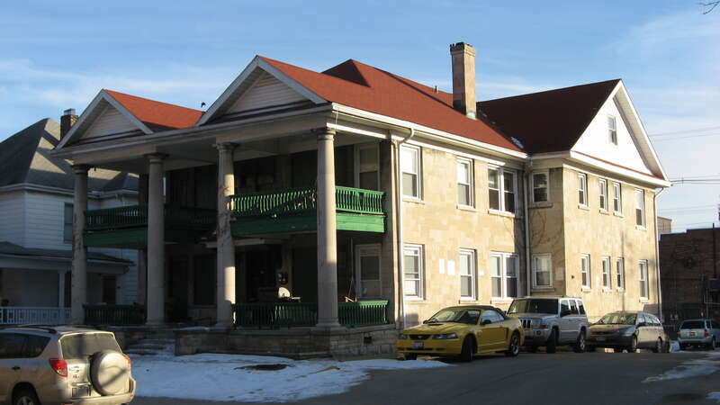 Front of the apartment building located at 420 E. Sixth Street in Bloomington, Indiana, United States.  Built in 1925, it is part of the locally-designated Old Library Historic District.