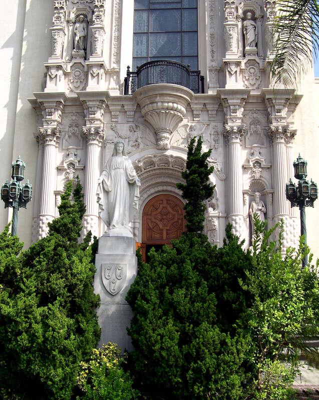 St Vincent de Paul Catholic Church (facade), Los Angeles, with statue of the Virgin Mary commemorating the first Marian Year 1954