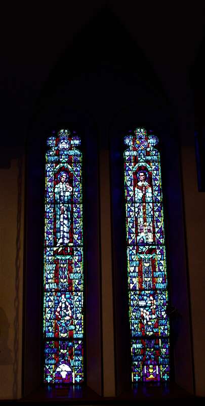 Stained glass windows in St. Ambrose Cathedral in Downtown Des Moines, Iowa.