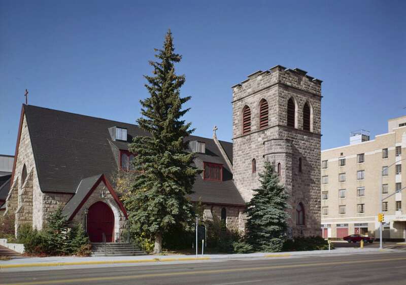 Front of St. Mark's Episcopal Church, located at 1908 Central Avenue in Cheyenne, Wyoming.  
Built in 1886, this stone church is listed on the National Register of Historic Places.
Image courtesy of Historic American Buildings Survey—HABS.