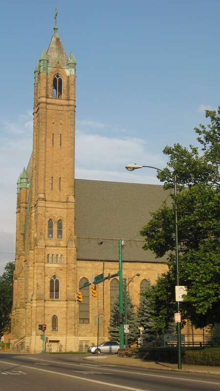 Western side of the tower of St. Raphael's Catholic Church, located at 225 E. High Street in Springfield, Ohio, United States.  Built in 1892, it is listed on the National Register of Historic Places.