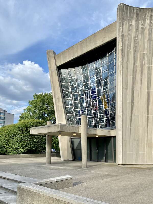 Built in 1964-67, this modern synagogue was designed by Max Abramovitz to house Temple Beth Zion, one of the oldest Jewish Reform congregations in the United States, founded in 1850.  The building replaced a previous synagogue, built in 1890, which