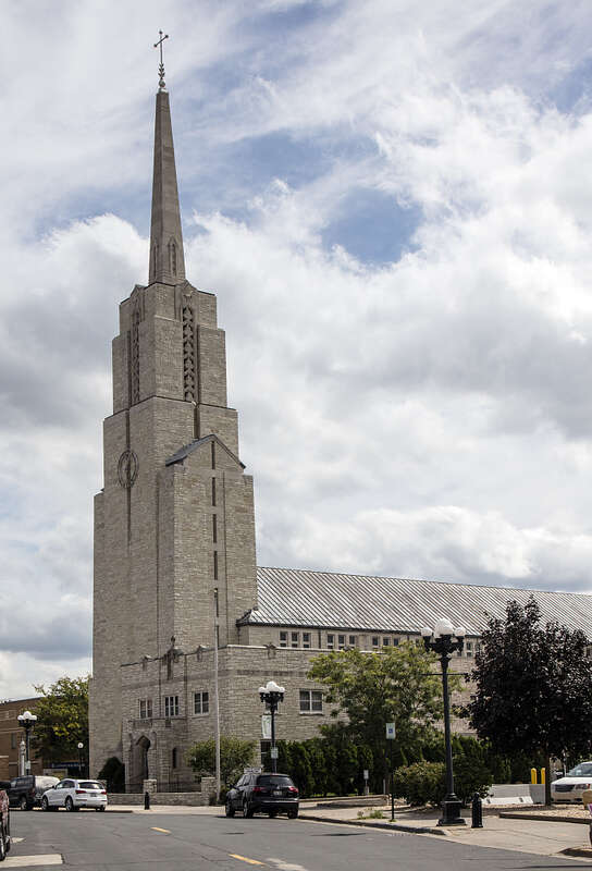 Title: The Cathedral of St. Joseph the Workman, the &quot;mother church&quot; of the Catholic Diocese of La Crosse, designed by architect Edward J. Schulte and completed in 1962 in the Mississippi River port of La Crosse, Wisconsin.  The cathedral is named for
