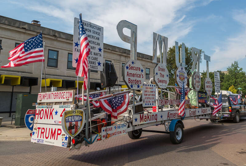 The &quot;Trump Unity Bridge&quot; trailer at the University of Iowa campus on August 18, 2017, in Iowa City, Iowa.
