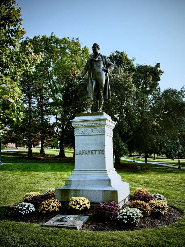 A photograph of the Lafayette Statue, commemorating Marquis de Lafayette on the University Green. Located on the University of Vermont campus in Burlington, Vermont.
