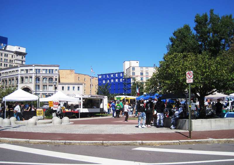 Photo of the Wilkes-Barre, Pennsylvania Public Square. Photo taken from the road around the square, past the South Market Street intersection looking north-northeast.