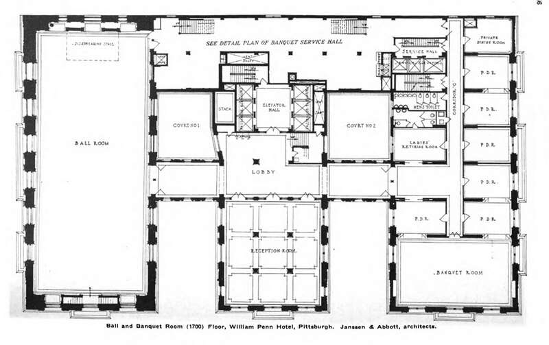 William Penn Hotel (now Omni William Penn Hotel), Pittsburgh, Pennsylvania, original 17th floor plan (ballroom floor). Janssen and Abbott, architects. (PDR = Private Dining Room)