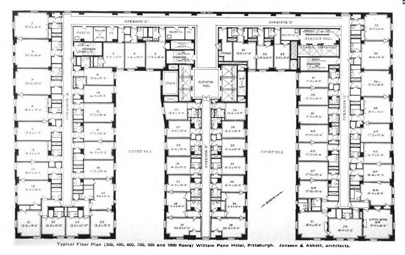 William Penn Hotel (now Omni William Penn Hotel), Pittsburgh, Pennsylvania, original typical floor plan (floors 3, 4, 6, 7, 9, and 10). Janssen and Abbott, architects. Major changes in room sizes and arrangements have occurred since construction.