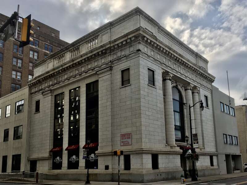 The Wyoming National Bank Building, 24 West Market Street at South Franklin Street, Wilkes-Barre, Pennsylvania, September 2020. The &quot;oldest and most patrician of Wilkes-Barre's banking houses&quot; (to borrow the words of the Society of Architectural