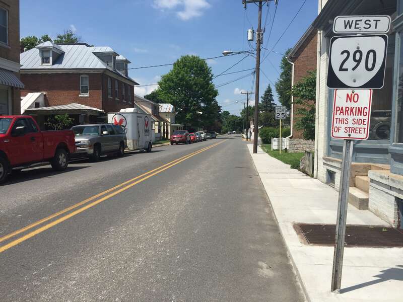 View west along Virginia State Route 290 (College Street) at Cherry Lane in Dayton, Rockingham County, Virginia