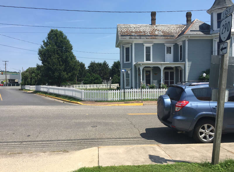 View east along Virginia State Route 290 (Huffman Drive) at Virginia State Route 42 Business (Main Street) in Dayton, Rockingham County, Virginia