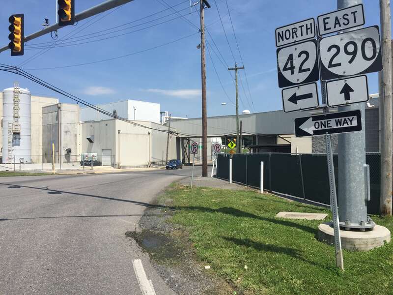 View east along Virginia State Route 290 (Huffman Drive) at Virginia State Route 42 (John Wayland Highway) in Dayton, Rockingham County, Virginia