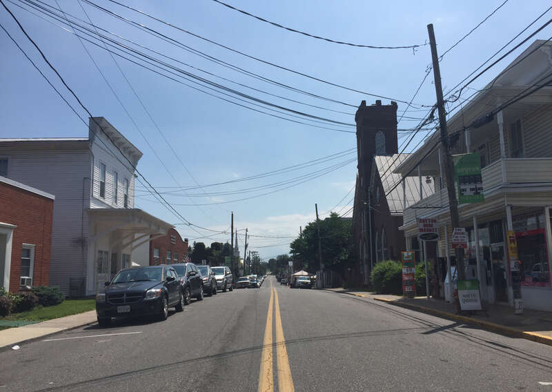 View south along Virginia State Route 42 Business (Main Street) between Mill Street and Virginia State Route 290 (College Street) in Dayton, Rockingham County, Virginia