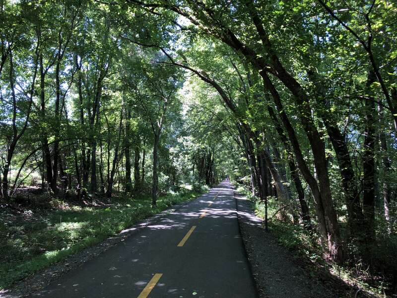 View west along the Washington and Old Dominion Trail between North Maple Avenue and North Hatcher Avenue in Purcellville, Loudoun County, Virginia