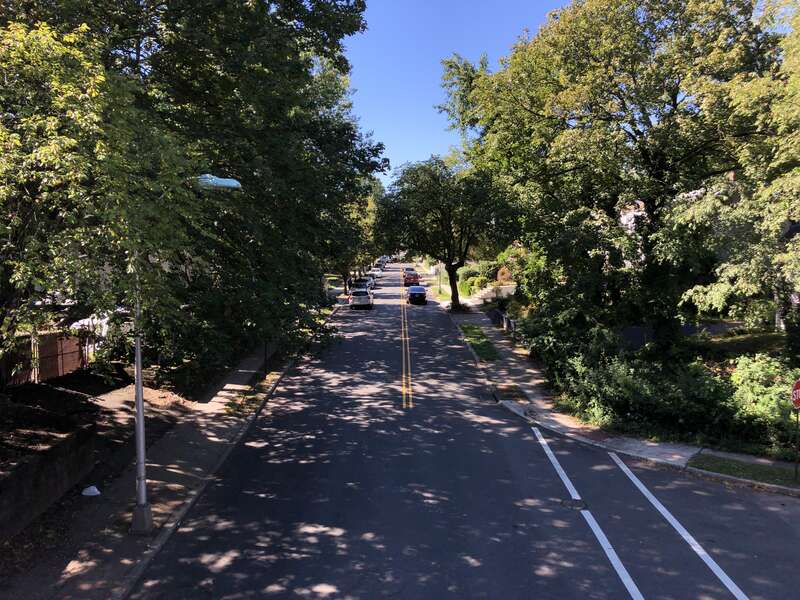 View south along Essex County Route 509 (Grove Street) from the overpass for the rail line just north of Lafayette Avenue in East Orange, Essex County, New Jersey