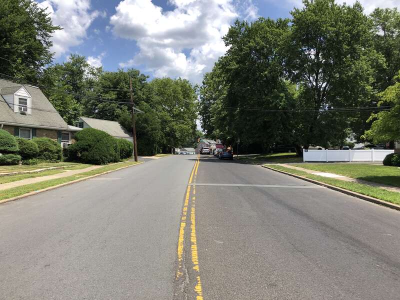 View north along Mercer County Route 636 (Parkside Avenue) at Pershing Avenue in Ewing Township, Mercer County, New Jersey