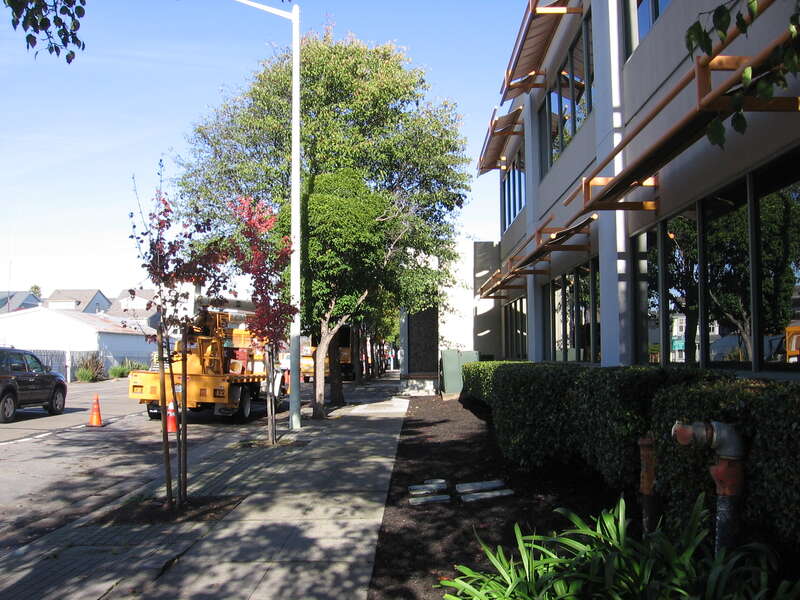 The Alameda Municipal Power headquarters at 2000 Grand Street (corner of Clement Avenue) in Alameda, California, USA.  View is looking northeast along Grand Street.