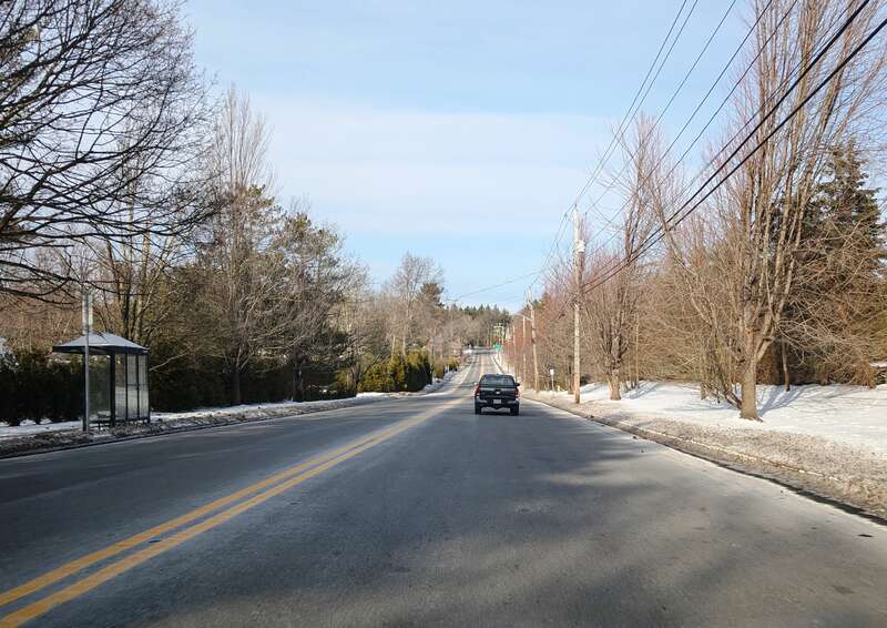 Photo of northbound County Route 73 (Chestnut Ridge Road) in Montvale, New Jersey approaching the New York line. Photo taken looking north between Upper Saddle River Road and Powder Hill Road.