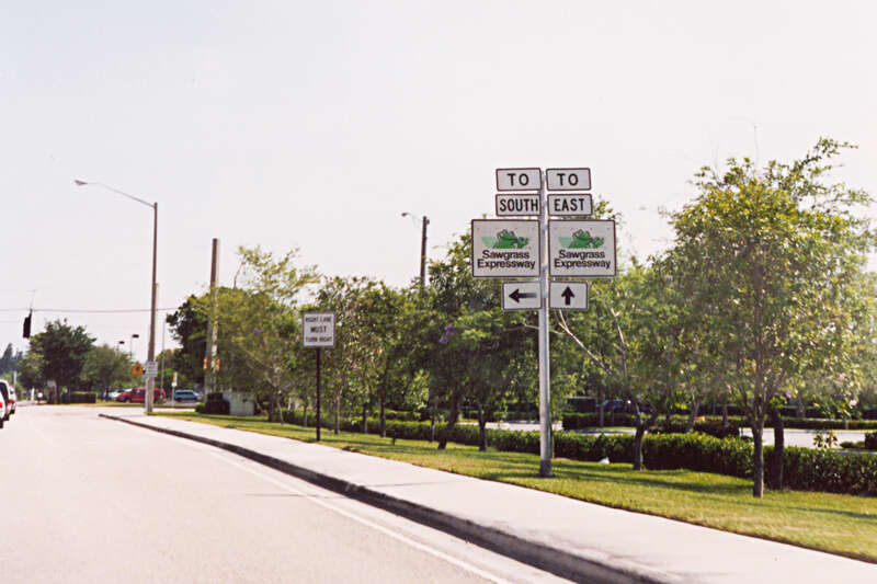 Good old Cecil...can't find him much anymore. These Sawgrass Expressway signs have been replaced with about 5-6 other varieties over the years. There's still one left, as of 2011, but this one's long gone, when they tried to eradicate the words-only