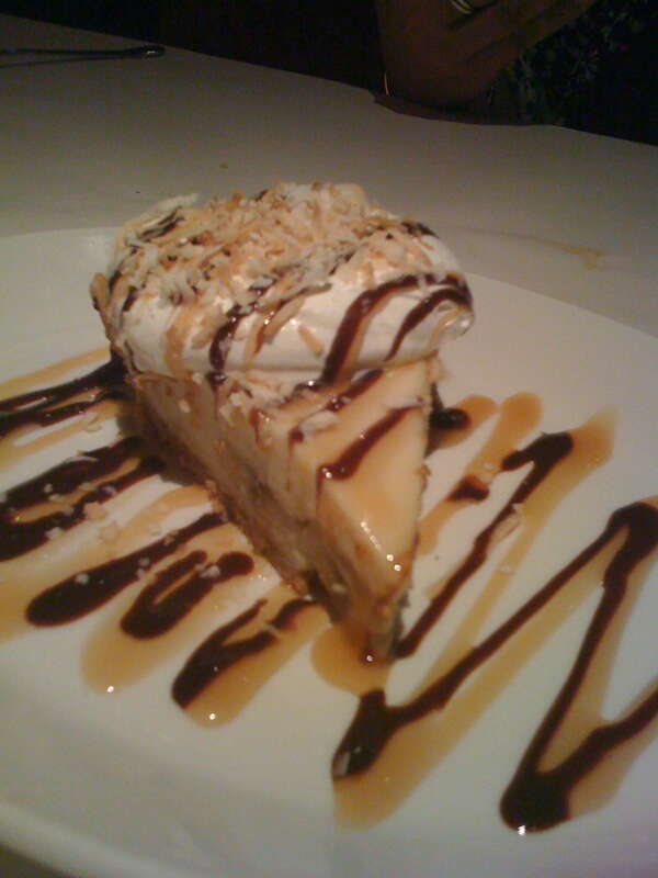 Dinner at YOLO, Banana Coconut Cream Pie, Cashew Graham Crust. With chocolate and caramel sauce.