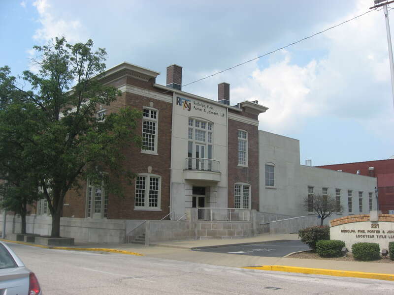 Front and southeastern side of the Eagles Home building, located at 221 NW. Fifth Street in Evansville, Indiana, United States.  Built in 1912 and since converted into a law office, it is listed on the National Register of Historic Places.