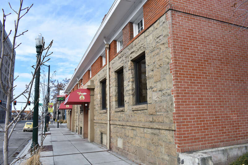 The El Korah Shrine building (1914) in Boise, Idaho, is built of Boise sandstone and brick.