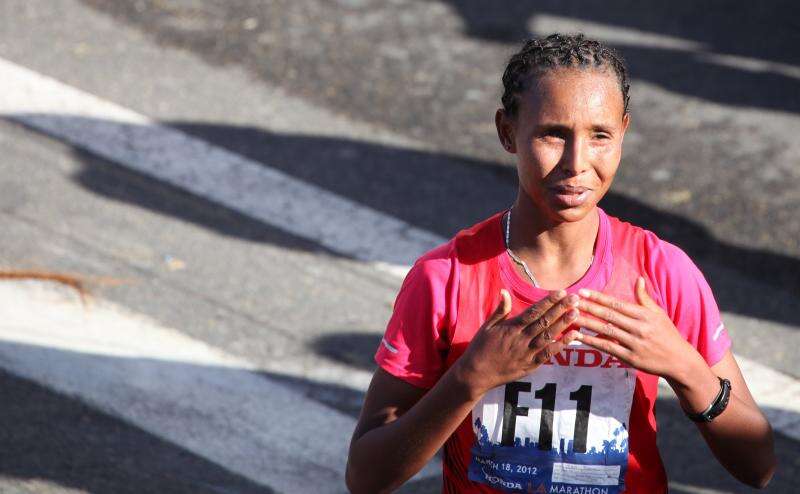 Fatuma Sado of Ethiopia seconds after winning the 2012 LA Marathon. Related photo post: &amp;lt;a href=&quot;http://michaeldorausch.com/2012-los-angeles-marathon-winner-photos/&quot; rel=&quot;nofollow&quot;&amp;gt;2012 Los Angeles Marathon Winner Photos&amp;lt;/a&amp;gt;
