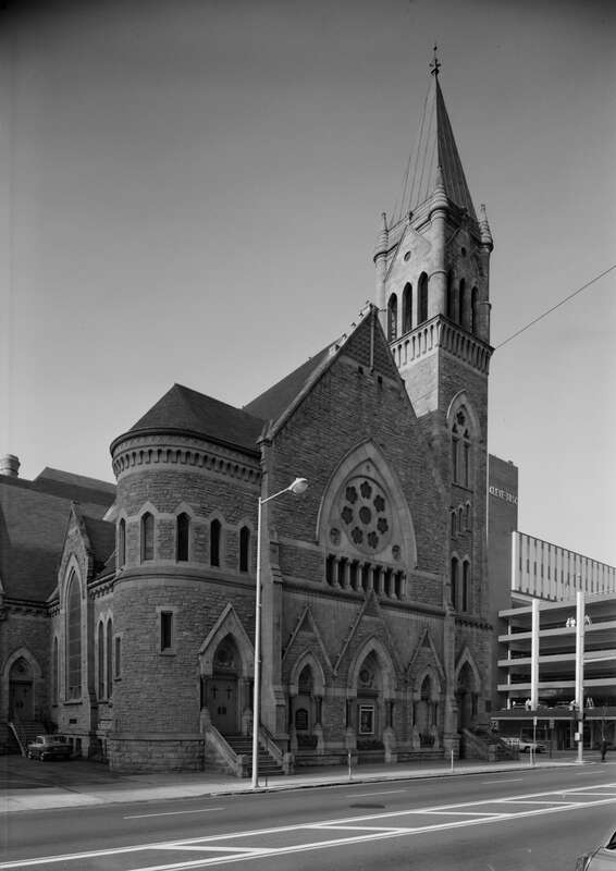 Front of the First Methodist Episcopal Church, located at 120 Cleveland Avenue, Southwest in Canton, Ohio, United States.  Built in 1881, it is listed on the National Register of Historic Places.