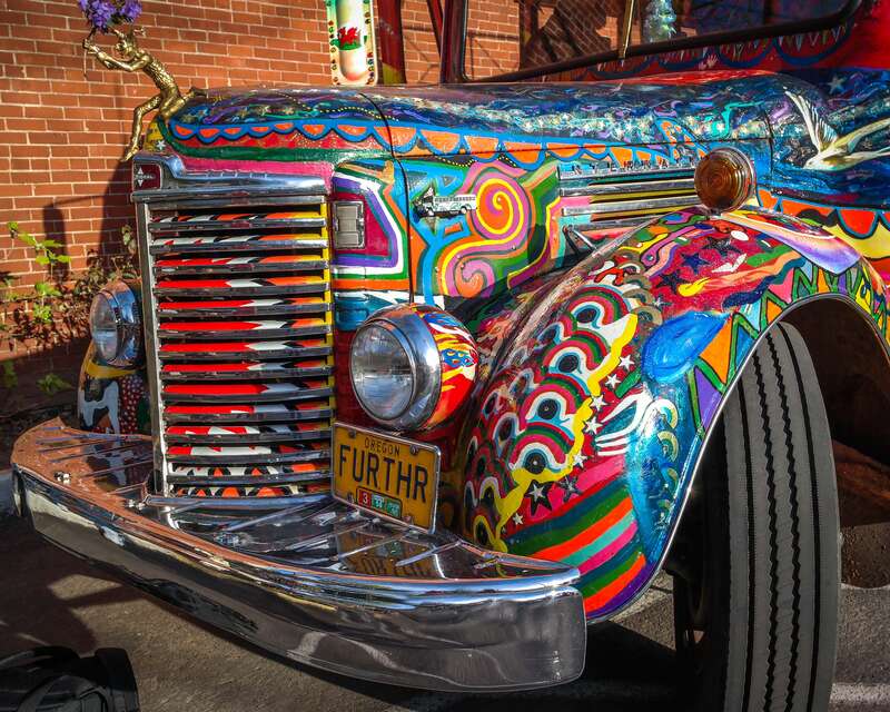 The current incarnation of Ken Kesey's bus, Further, photographed at the Springfield's Kesey exhibit in Springfield, Oregon