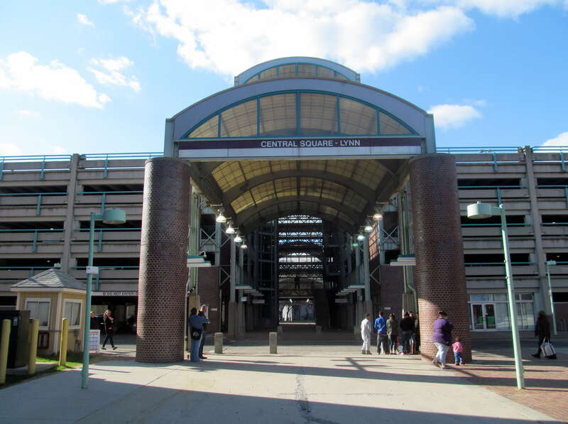 The main entrance to the parking garage at Lynn station in April 2015