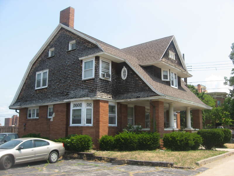 Western side and front of the Hager House, located at 415 W. Wayne Street in South Bend, Indiana, United States.  Built in 1910, it is listed on the National Register of Historic Places.