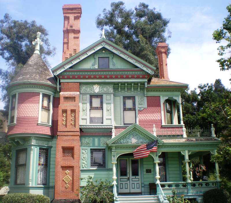 Photograph of front facade of the Hale House  — at Heritage Square Museum, north-central Los Angeles, California.
The Victorian Queen Anne style house was located in the nearby Highland Park district for 85 years (1885 - 1970).
The Hale House is a