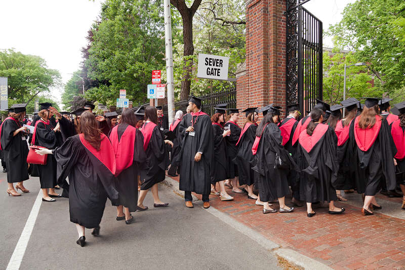 Harvard Class of 2015 forming academic procession line into Harvard Yard